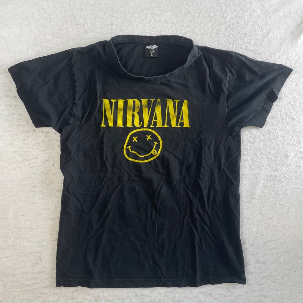 Speedway Nirvana T Shirt Large Black Smiley Face‎ Graphic Band Tee Short Sleeve